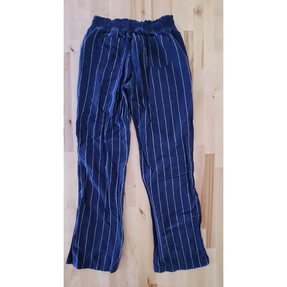 Kiss and Cry Women's Linen Pants Sz Large Wide-Leg Navy Blue Stripe Beach Boho - Picture 2 of 4
